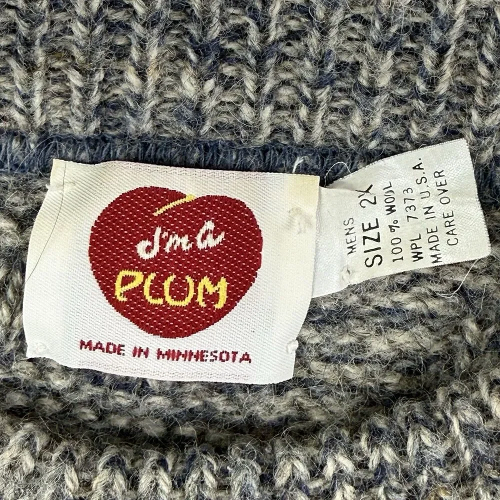 Vintage I'm A Plum Wool Sweater Men 2X Gray Crew Minnesota USA Fair Isle
